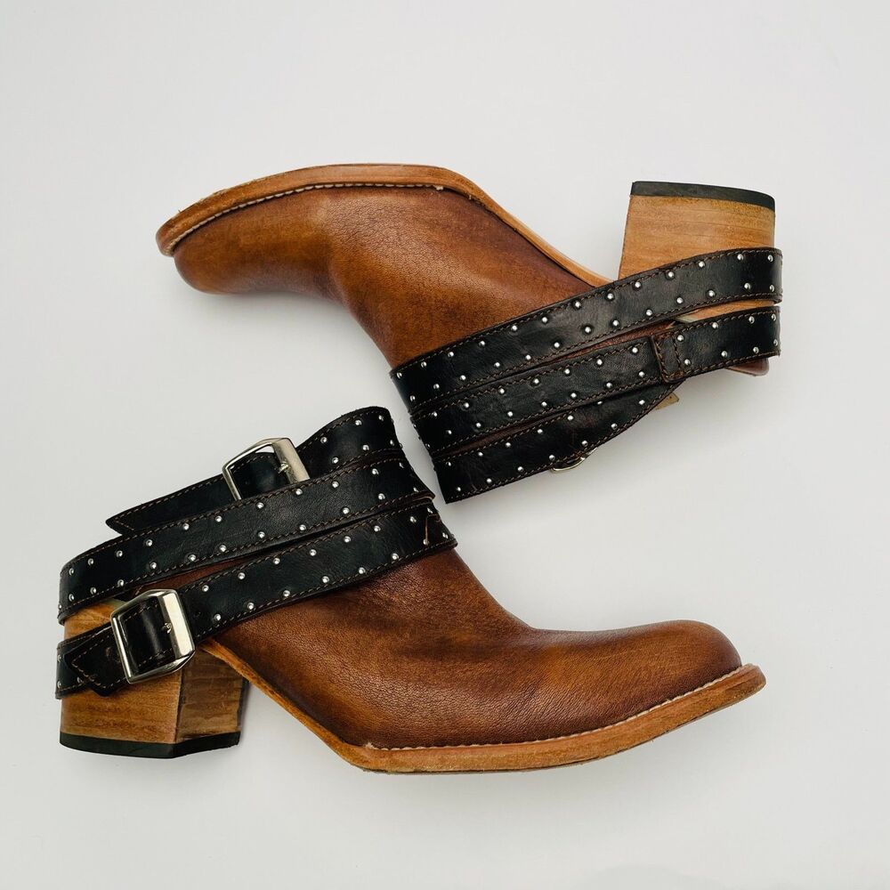 Freebird by Steven Frontier Studded Buckle Leather Mules Clogs Brown Black Sz 10